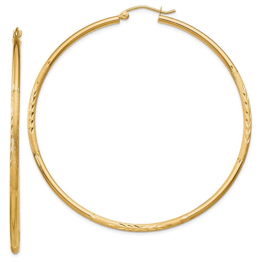 14k Satin And Diamond-Cut 2mm Round Tube Hoop Earrings
